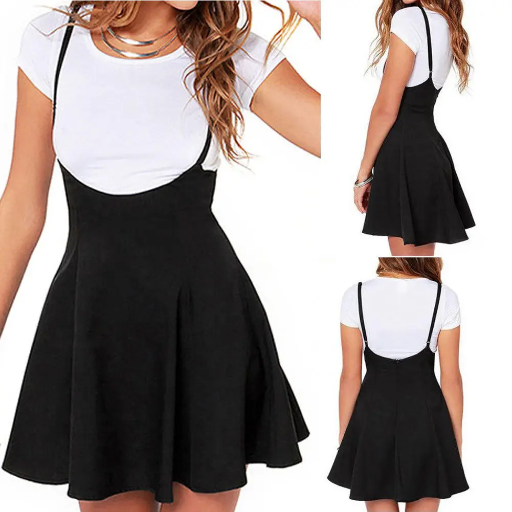 

Women Mini Suspender Skater Skirt High Waisted Pleated Adjustable Strap A Line Solid Simple Preppy Style Girls Casual Summer