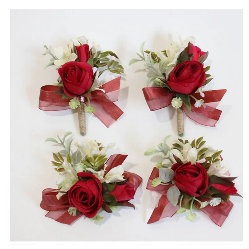 

YO CHO Red Roses Artificial Flower Silk Flower Wrist Corsage Bracelet Bridesmaid Wedding Decoration Marriage Rose Wrist Corsage