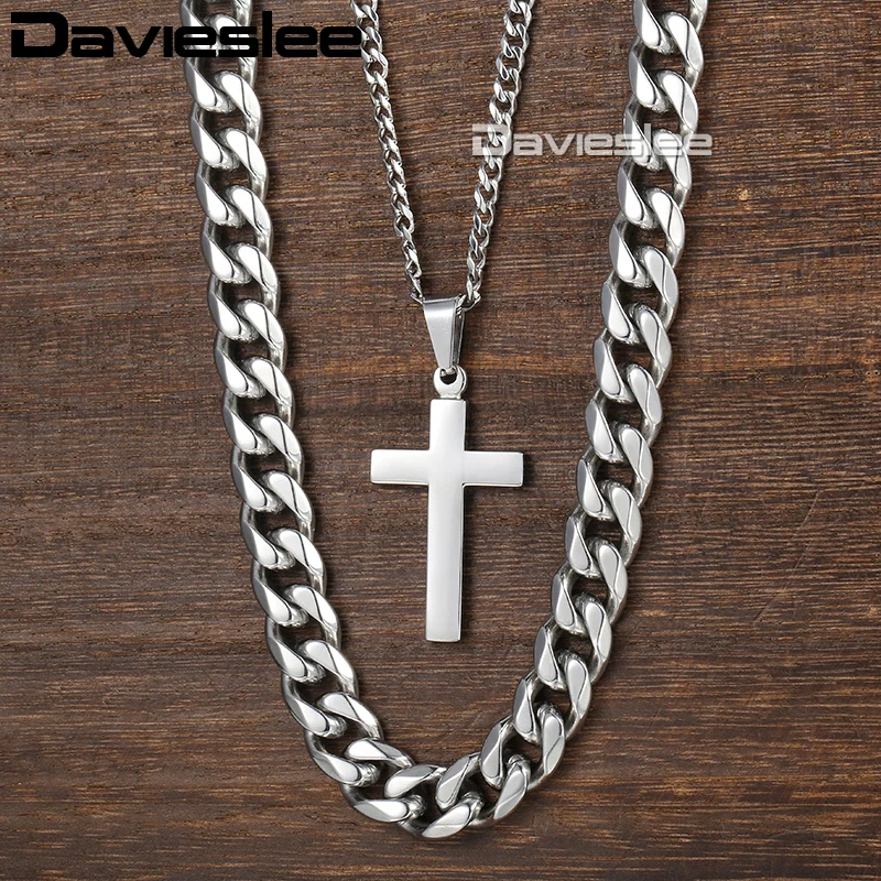 

Davieslee Hip Hop Necklace For Men Silver Stainless Steel Curb Cuban Link Chain Cross Pendant Necklace Jewelry 11mm 24inch DDN03