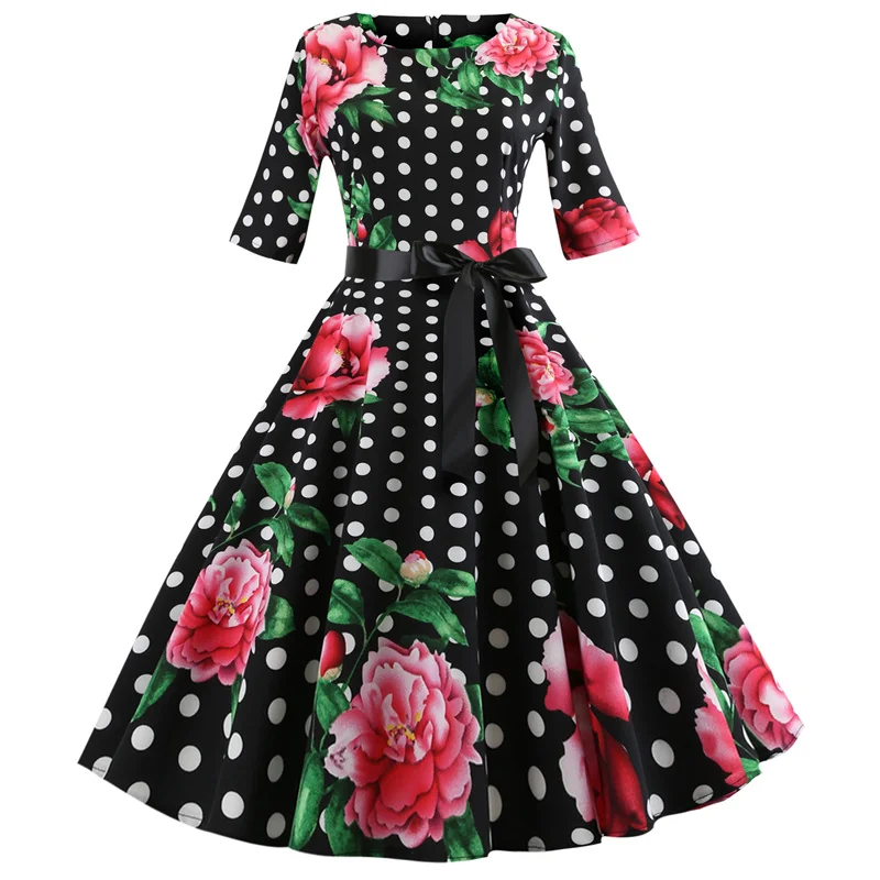 Kostlich Casual O-Neck Half Sleeve Floral Print Dresses Summer Hepburn Vintage Dress With Sashes Women Big Swing Dress Plus Size (26)
