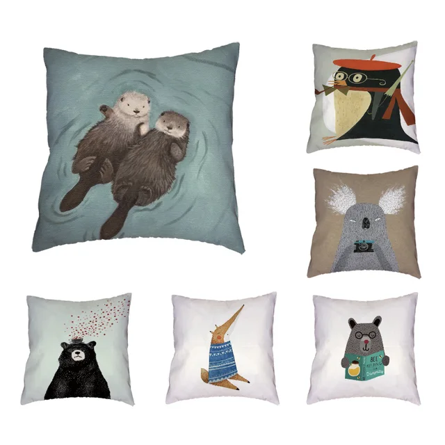 Animals Cheap Cushion Cover Otter Penguin Thinking Fox