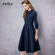 Женское платье с вышивкой ARTKA, синее однотонное платье с поясом, рукавами на три четверти, высокой талией и широким подолом, LA12965C, на осень