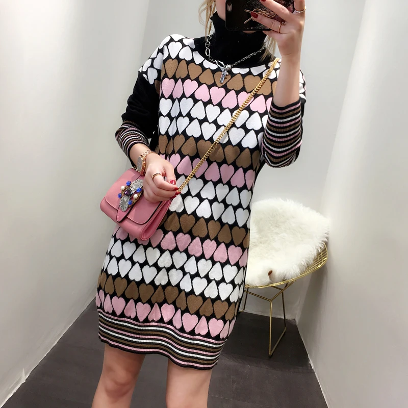 

2018 Winter Thick Heart Jacquard Long Sweater Contrast Color Long Sleeve Knit Turtleneck Dress Causal Loose Sweater Dress Female