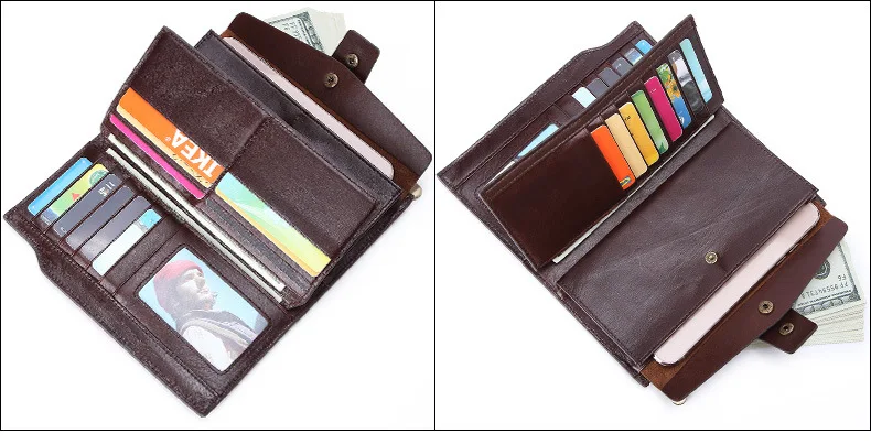 Мужские длинные бумажники из натуральной кожи, многофункциональный кошелек Magenetic Snap для мобильного телефона, идеальный органайзер для карт