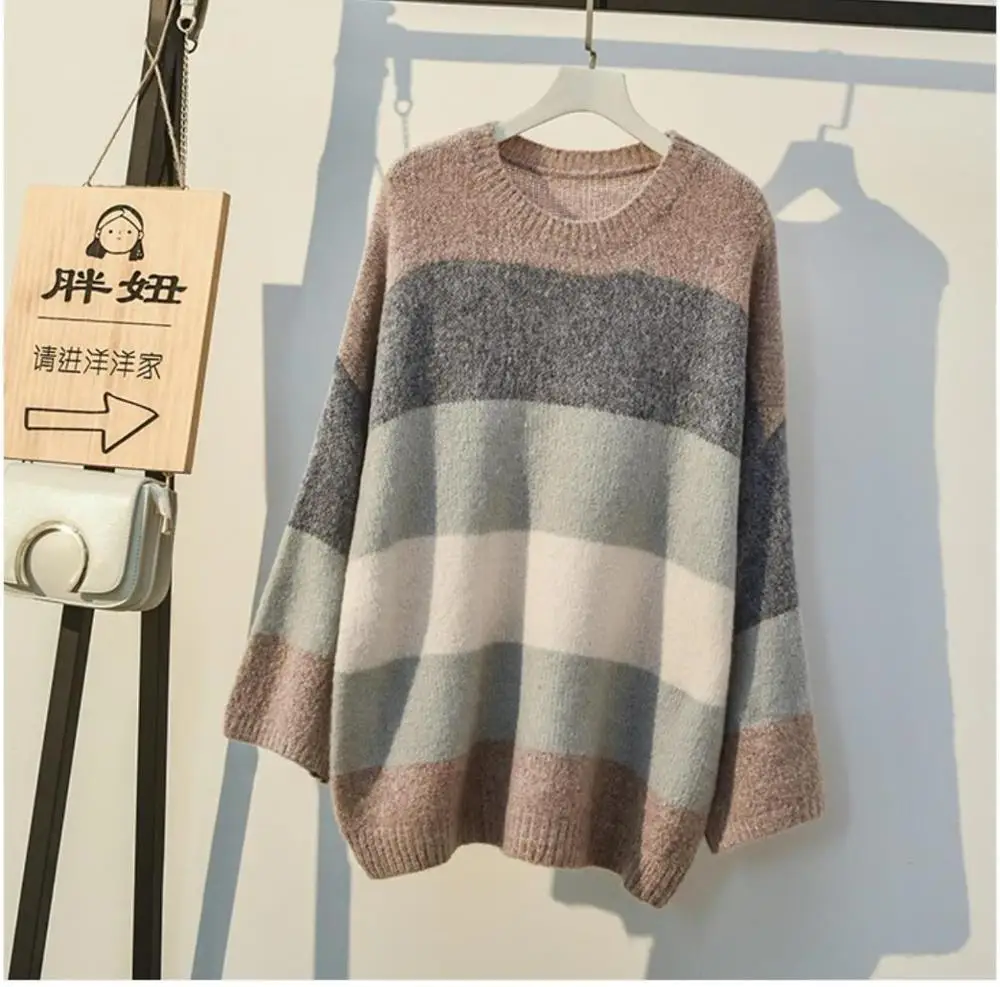

2019 Striped Wool Sweater Women Streetwear Knitted O-neck Pullovers Oversize Stretchable Autumn Winter Clothes for Women