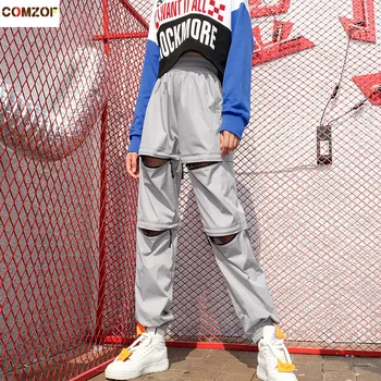 

Elastic wiast women zipper hole casual pants personality hip hop streetwear fashion trousers womens punk style pantalon mujer