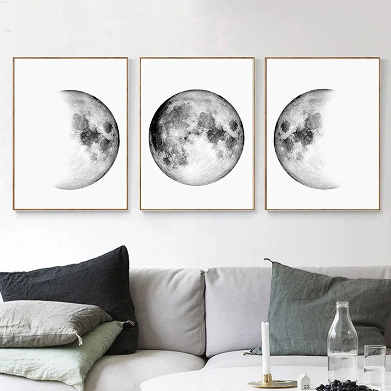 Blanco Candeon Pintura Fases de la Luna Pintura Pinturas sin Montura en Arte de Pared para decoración del hogar