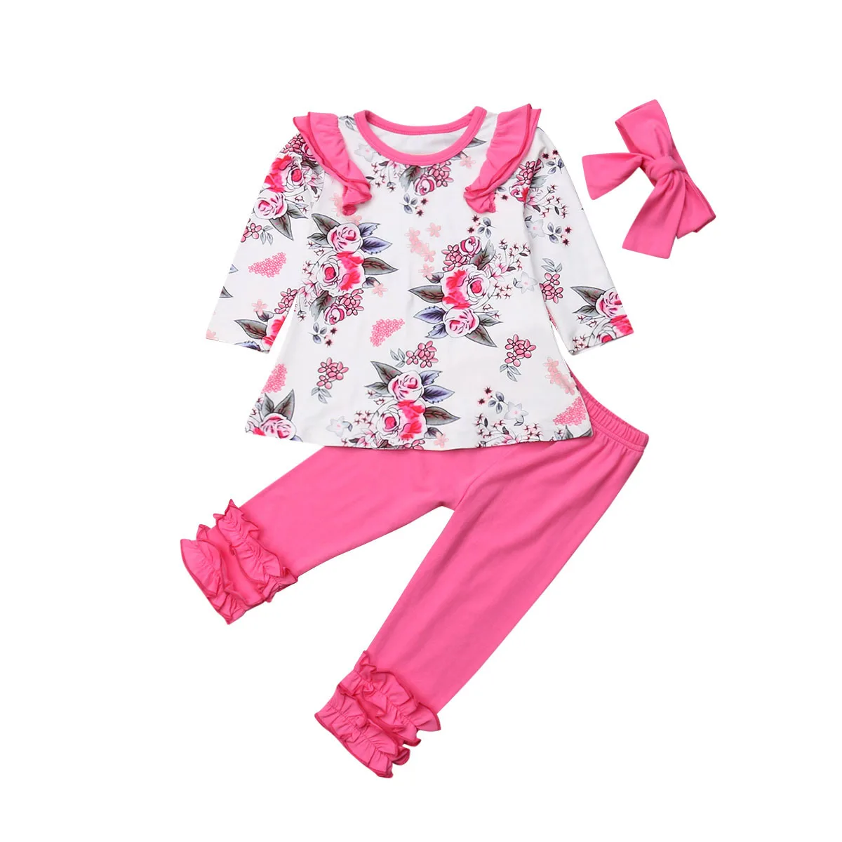 

3PCS Newborn Toddler Baby Girl Outfits Floral Clothes Tops Long Sleeve T shirt Solid Pants Headband Set 2019