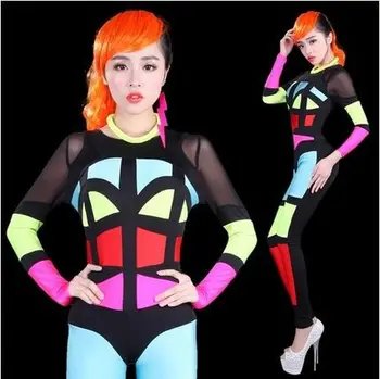

Sexy Women Singer DS Dance Stage Show Nightclub Bar Wear Neon Superman Cosplay Party Costumes DJ Halloween Bodysuit Jumpsuit