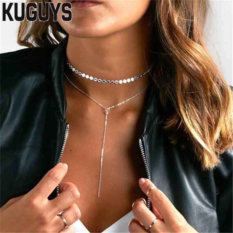 KUGUYS Fashion Jewelry Gold Silver Double Long Necklace Women Trendy
