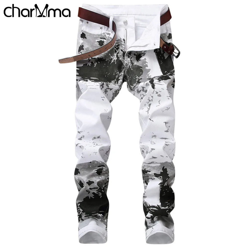 

2018 New Young Man Stretch Skinny Jeans Splash-Ink Pants Fashion Splash-Ink Printing Slim Fit Pencil Pants Men Jeans Long Pants