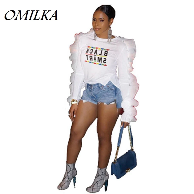 

OMILKA Long Sleeve Letter Printed Ruffle T Shirt 2018 Autumn Women Black Smart Hip Hop Harajuku Club Side Split Tops Tees