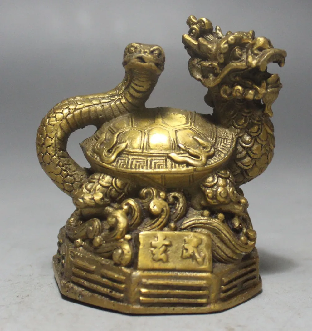

39@g++Chinese Folk brass Wealth Money Xuanwu Dragon Turtle tortoise Snake Statue