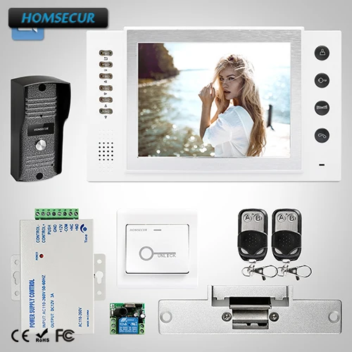 

HOMSECUR 8" Video Door Phone Intercom System Electric Strike Lock Set Included : TC031 Camera+TM801R-W Monitor(White)
