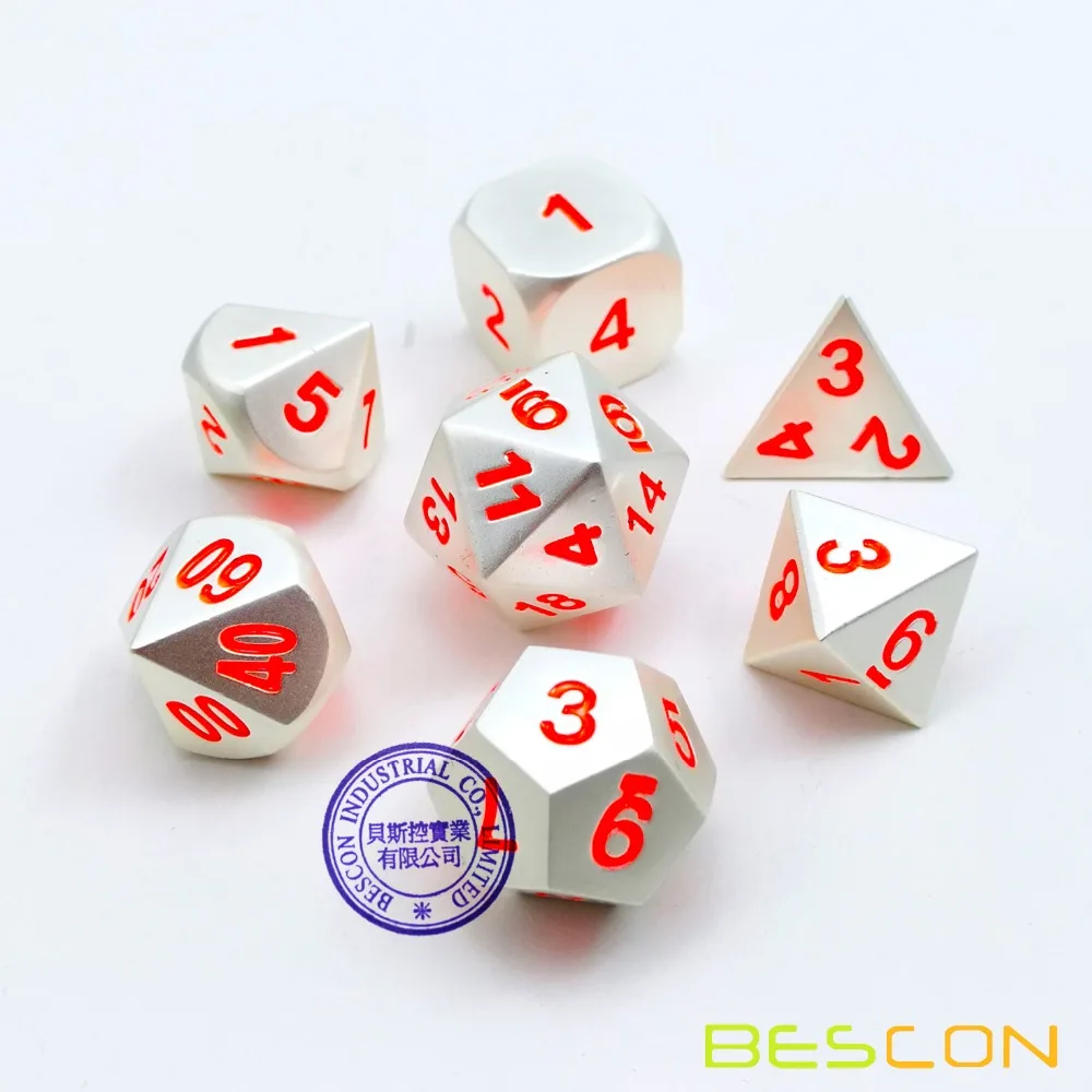 Bescon 7 шт. набор твердых металлических многогранных D& D игральных костей, набор матовых серебряных с оранжевыми цифрами, металлические ролевые игры, Набор Игральных кубиков