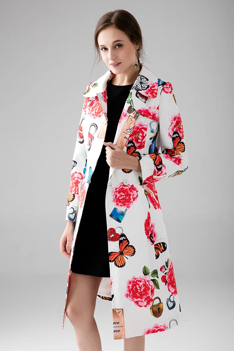 Высокая уличная Женская мода Тренч Ранняя осень роза и бабочка Жаккардовый Пояс двубортный Лидер продаж розовое длинное приталенное пальто