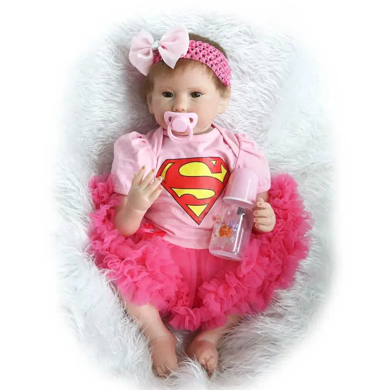 55cm Realistic reborn baby doll soft silicone vinyl real gentle touch rooted mohair pink dress children git boneca