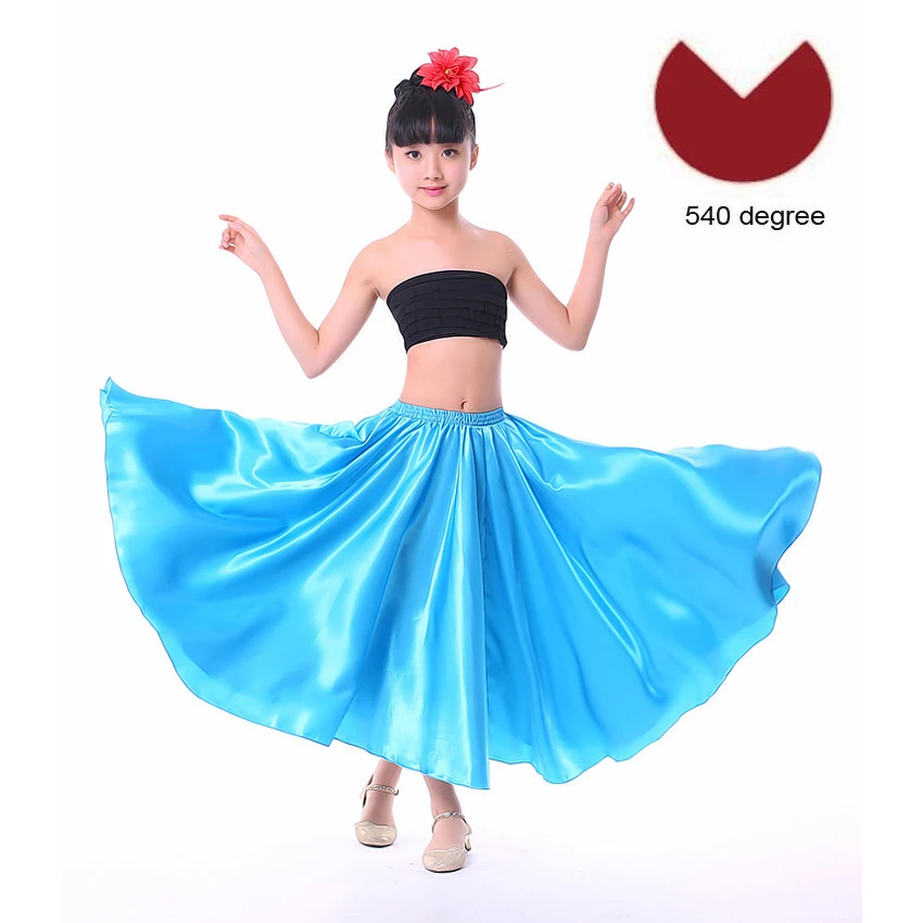 Танцевальные Костюмы для маленьких девочек, юбка для испанского фламенко, атласная однотонная красная сценическая одежда, платье для выступлений размера плюс, юбка для танцев - Цвет: Blue skirt5  540