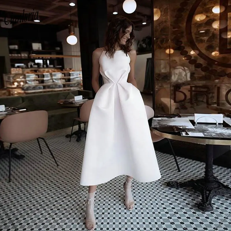 

New Simple Satin Short Evening Dress Pleats Robe De Soiree Elegant Tea-length Spaghetti Straps Formal Evening Party Dresses