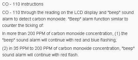 Функция сигнализации тестер содержания угарного газа Диапазон концентрации 0-1000ppm co-110