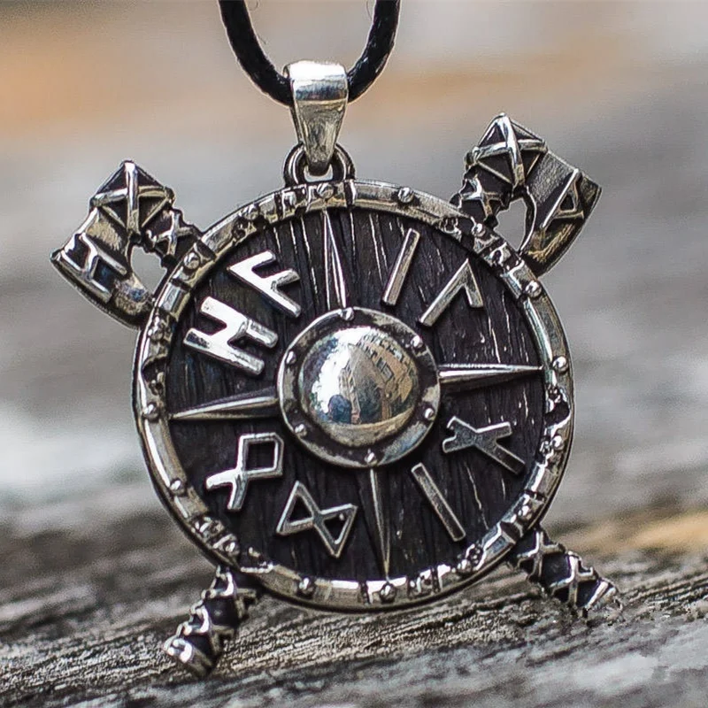 

Viking Runes Shield Axe Warrior Pendant Necklace Silver Nordic Amulet Men Jewelry