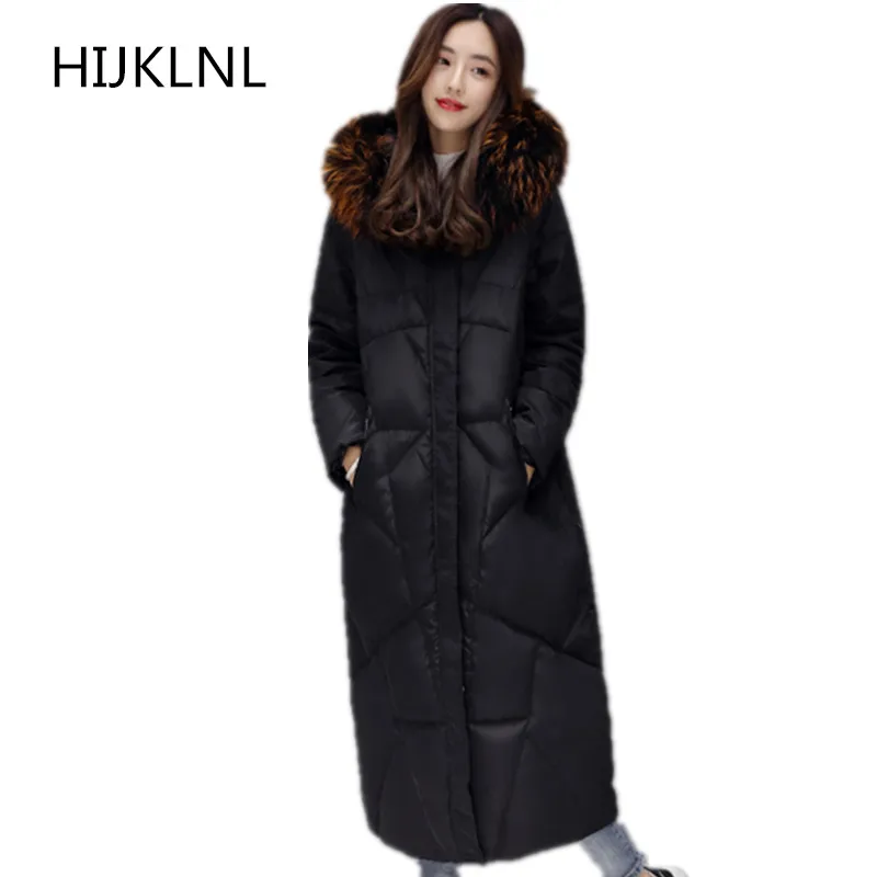 

2019 New Winter Women's Down Coat Thick Long Over The Knee Big Fur Collar Hooded Outer White Duck Down Warm Jacket Tq125