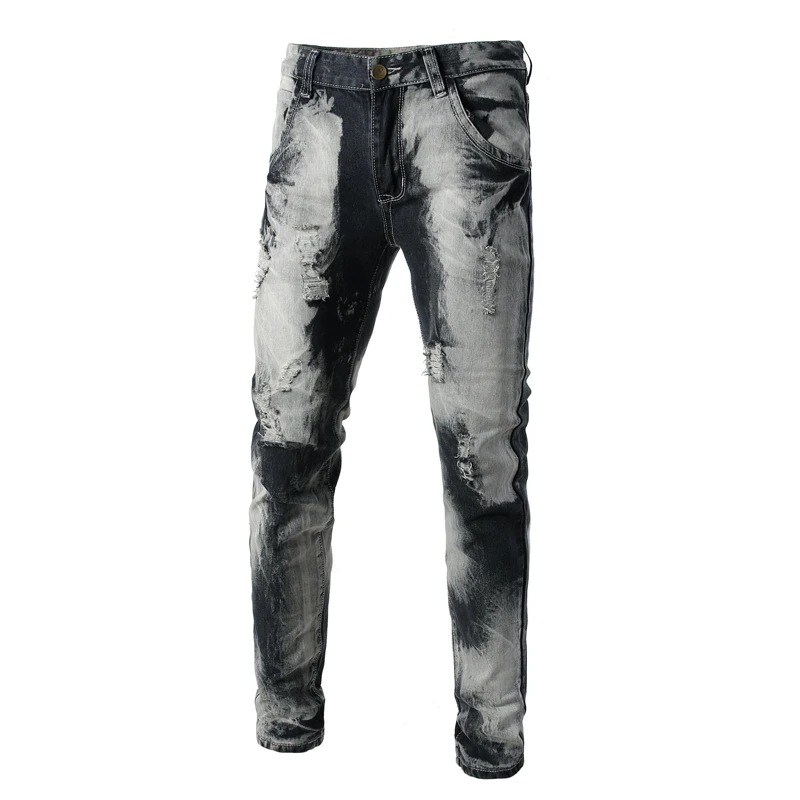 Fashion Streetwear Men Jeans Retro Snow Wash Destroy Ripped Jeans Men Denim Punk Pants Patchwork Hip Hop Pants Biker Jeans Homme