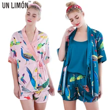 UNLIMON 3 шт. женское из искусственного шелка пижамные комплекты атласные халаты короткий рукав птичка