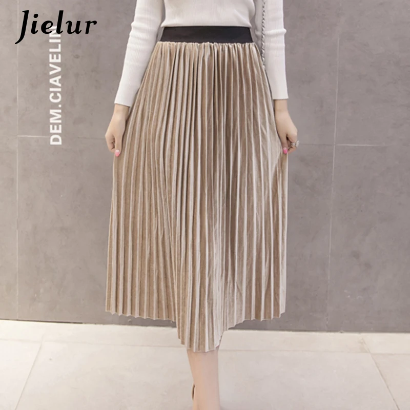 Jielur Осенние новые бархатные женские юбки в Корейском стиле модные однотонные плиссированные юбки с высокой талией простые юбка женская