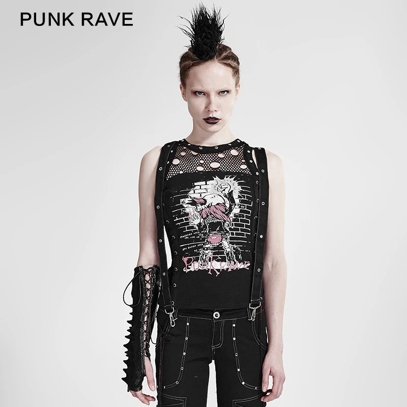 PUNK RAVE punk style black cool tank tops with knit belt at the side ...