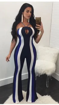 

Celebrity Black Blue Striped Bandage Boot Cut Jumpsuit Top Quality Homecoming Party Jumpsuit