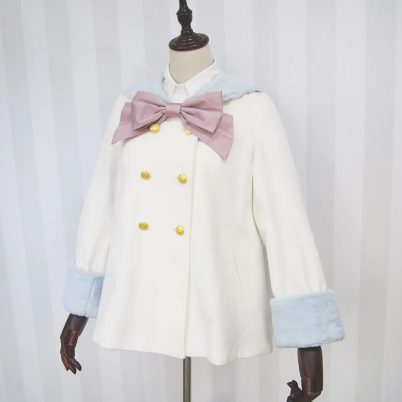 

Dolly Delly Harakuku Sailor Collar Double Breasted Kawaii White Color Block Girl's Coat/Jacket with Fur Cuffs
