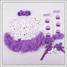 Комплект из 4 предметов, кружевной комбинезон для новорожденного, фиолетовое платье-пачка в горошек для маленьких девочек, повязка на голову, обувь, леггинсы для детей 0-12 месяцев