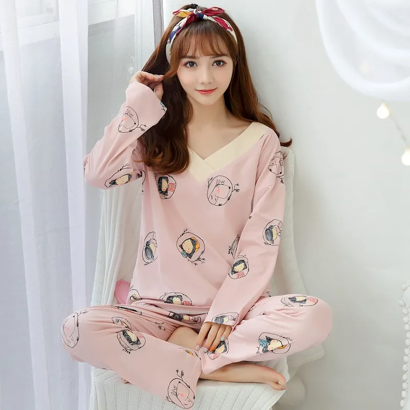 

Cotton V-neck Pajama Sets for Women 2019 Spring Long Sleeve Pyjama Print Sleepwear Loungewear Homewear Pijama Mujer Home Clothes