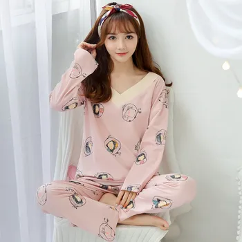 

Cotton V-neck Pajama Sets for Women 2019 Spring Long Sleeve Pyjama Print Sleepwear Loungewear Homewear Pijama Mujer Home Clothes