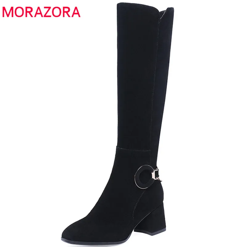 

MORAZORA 2019 hot sale cow suede leather knee high boots women zipper round toe autumn winter boots high heels shoes woman