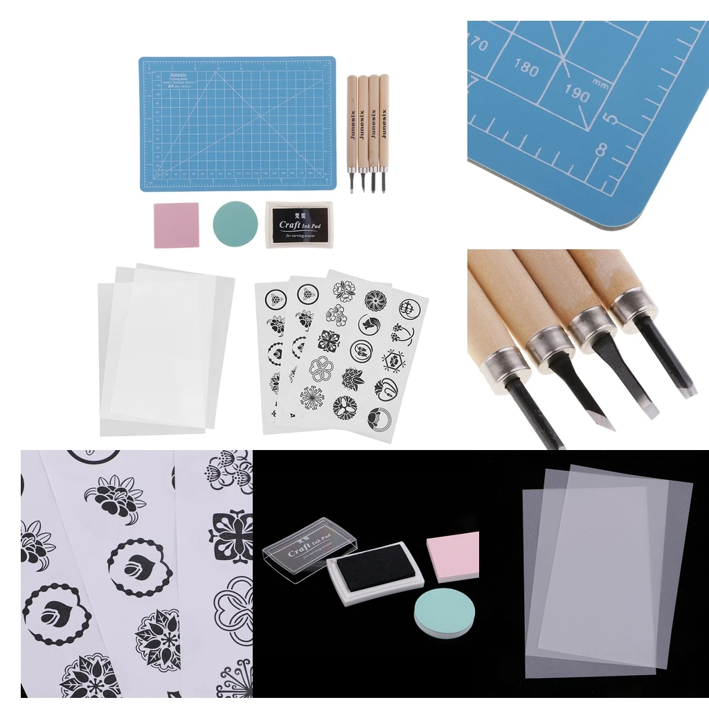 1 Set Rubber Stamp Carving Kit - RUBBER STAMP BLOCKS, CARVING CHISELS, CUTTING MAT, INK PAD, STAMPING TEMPLATE, TRACING PAPER