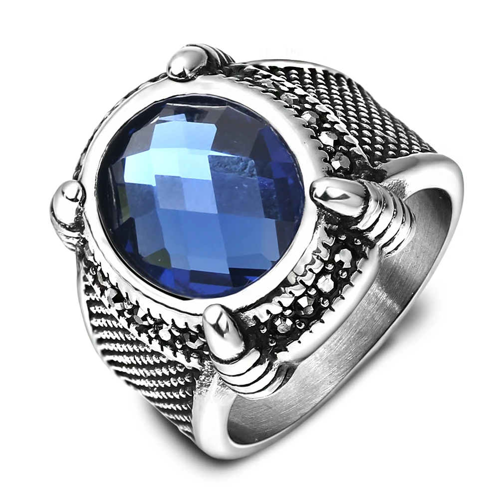 Personalized Cool Men Blue Stone Crystal Rings Stainless Steel Wedding Rings for Men Jewelry 18mm Wide Rings Jewelry Size7-12