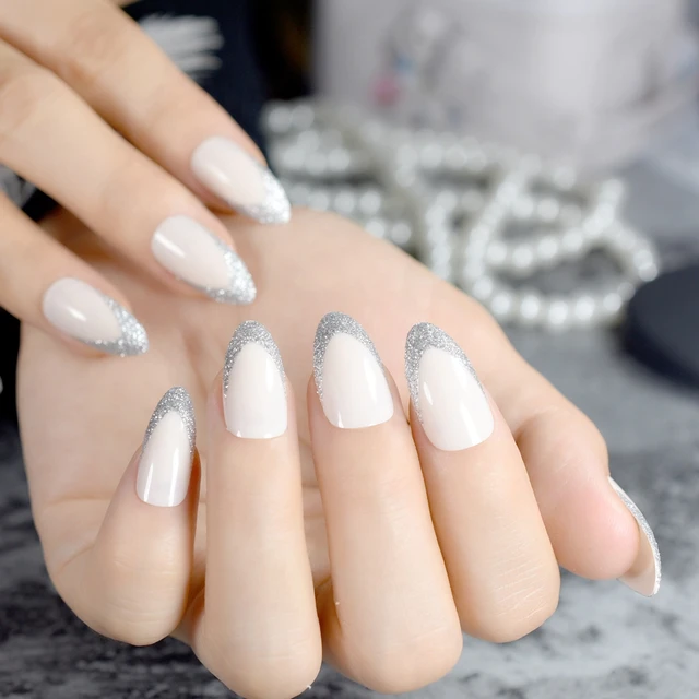 Beige Stiletto Shape Fake Nails Silver Glitter Point French Nail Beige Stiletto Shape Fake Nails Silver Glitter Point French Nail Parkly Lady Designed Tips Full Wrap