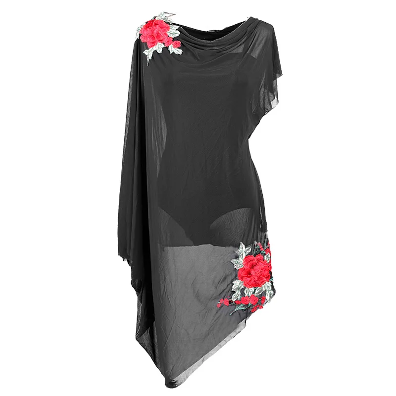 

Latin Dance Dress Black Flower Embroidery Asymmetrical Shoulder Design Women Competition Performance Dresses Tango Salsa DN3067