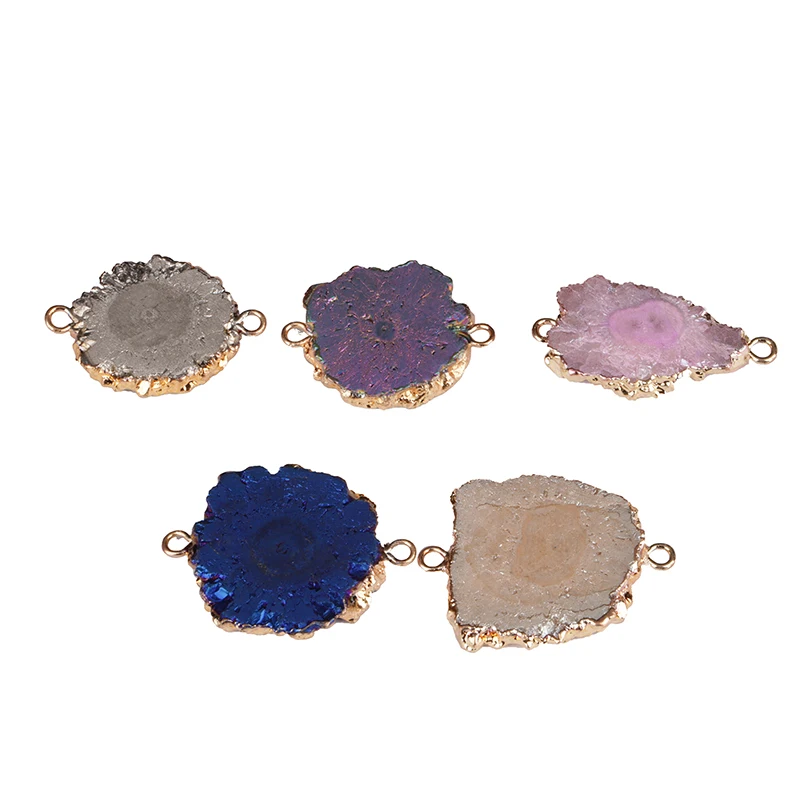 

big multicolors geode quartz crystal stone slice gold rough frame pendant connector charm for Jewelry DIY making material