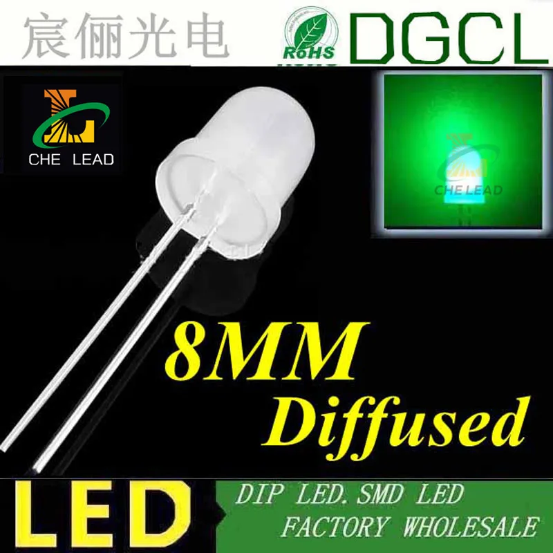 Ультра-яркий зеленый 8 мм диффузный светодиод 520-530nm Круглый dip led 3 0-3 5 V (CE &amp Rosh) |