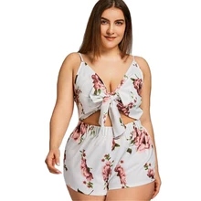 Летний пляжный костюм в стиле бохо, Сексуальный Бандаж с открытой спиной, цветочный v-образный вырез, праздничный комбинезон, комбинезон, шорты без рукавов, Женский комплект, плюс размер