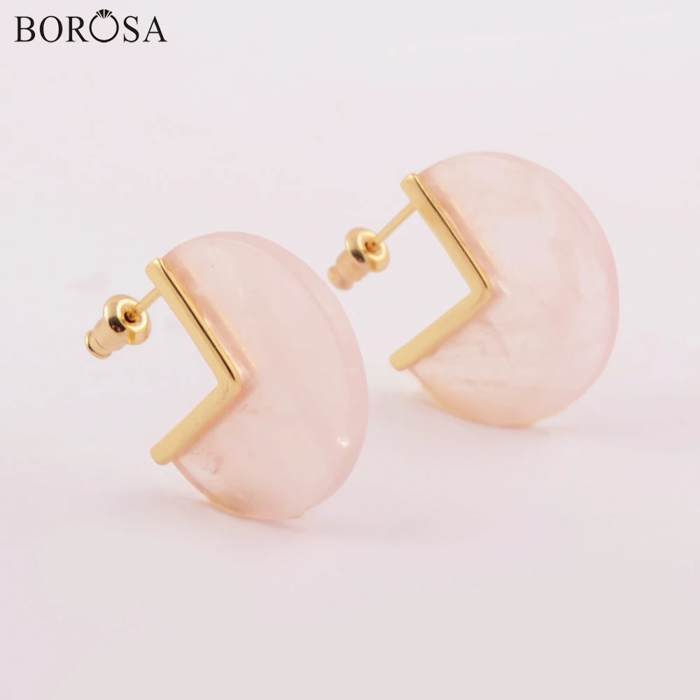 

BOROSA Jewelry 5Pairs High Quality Gild Natural Rose Quartzs Stud Earrings Natural Pink Crystal Quartz Studs Gems Earring ZG0421