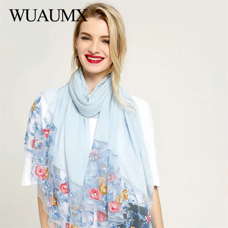 Wuaumx 2018 модный шарф для женщин вышитые розы шарфы с жемчугом хлопковый хиджаб