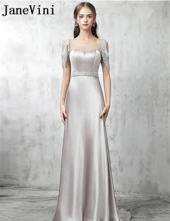 

JaneVini Silver Gray Shiny Sequins Crystal Mermaid Long Bridesmaid Dresses Sheer Scoop Neck Sweep Train Formal Prom Gowns 2018