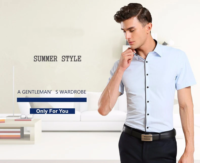 Летняя Стильная мужская брендовая одежда с отложным воротником, рубашки с коротким рукавом, мужские рубашки, приталенная Однотонная рубашка для мужчин