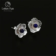 Lotus весело Настоящее стерлингового серебра 925 Природных Ляпис ручной работы Красивые ювелирные изделия свежий цветок Серьги-гвоздики для Для женщин brincos