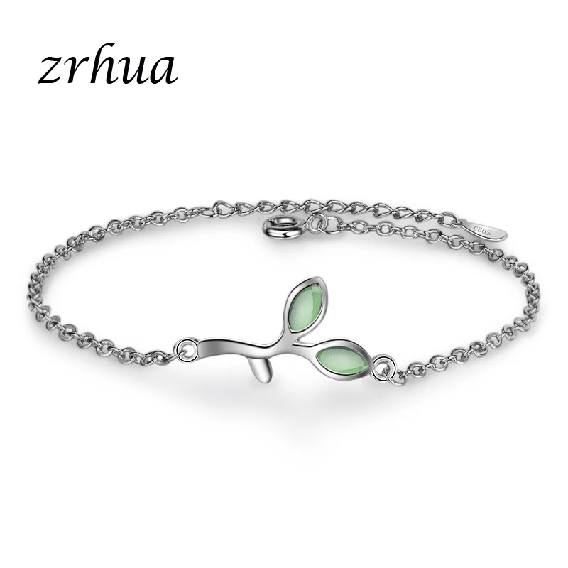 

ZRHUA 925 Sterling Silver CZ Rhinestone Pave Fresh Leaf Charm Bracelet For Girlfriends Women Bracelet Jewelry Free Shipping