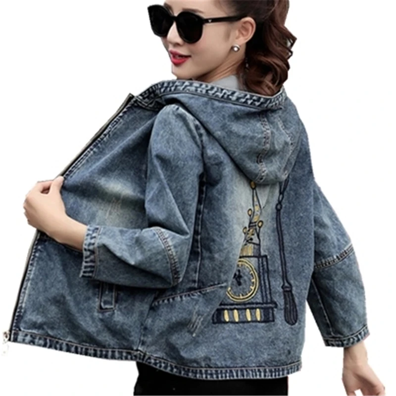 

2018 Fashion Embroidery Denim Jacket Coat Women Autumn Casual Plus Size Hooded Jeans Outerwear Girls Spring Basic Jackets A343
